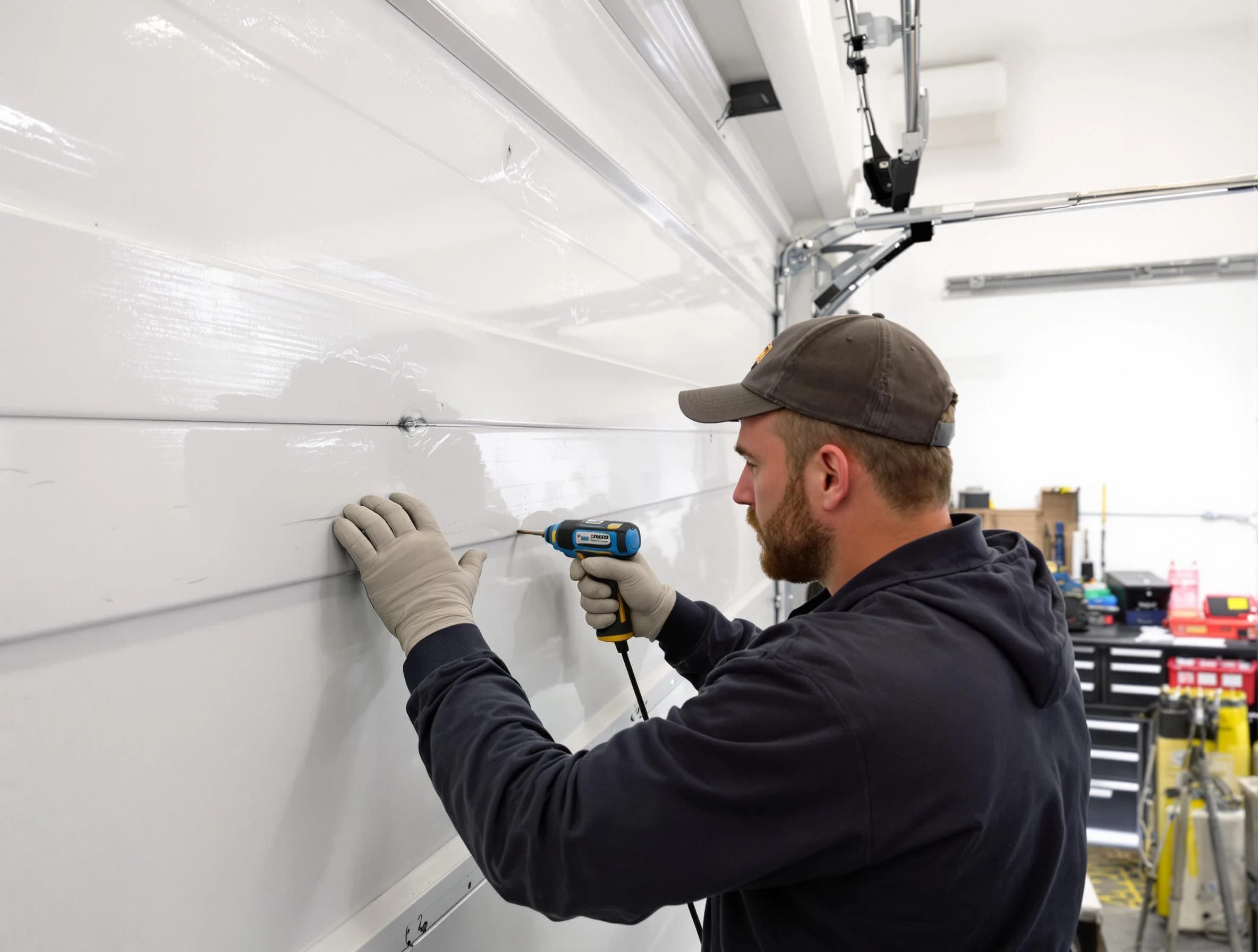 East Providence Garage Door Repair technician demonstrating precision dent removal techniques on a East Providence garage door