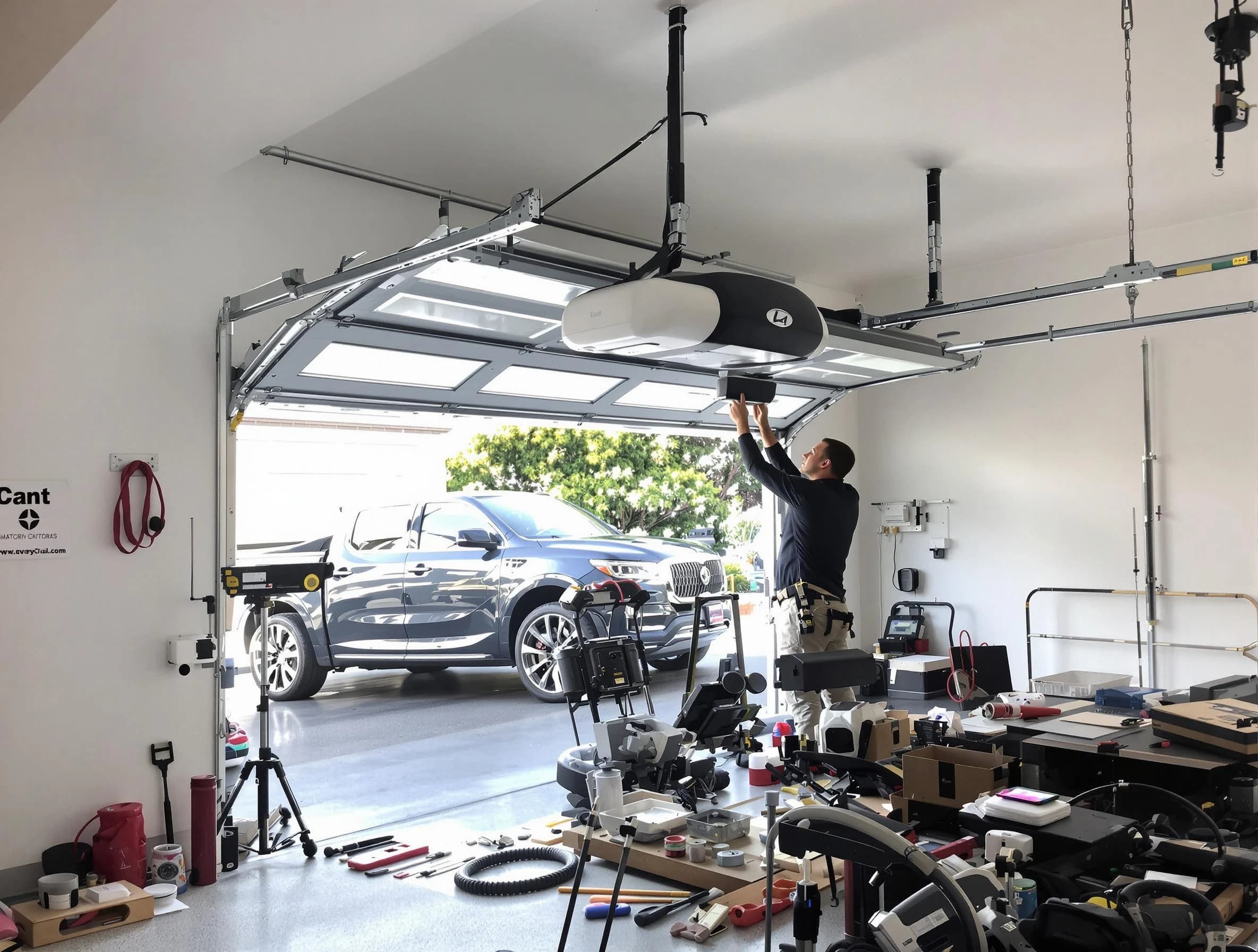 East Providence Garage Door Repair specialist installing smart garage door opener system in East Providence home