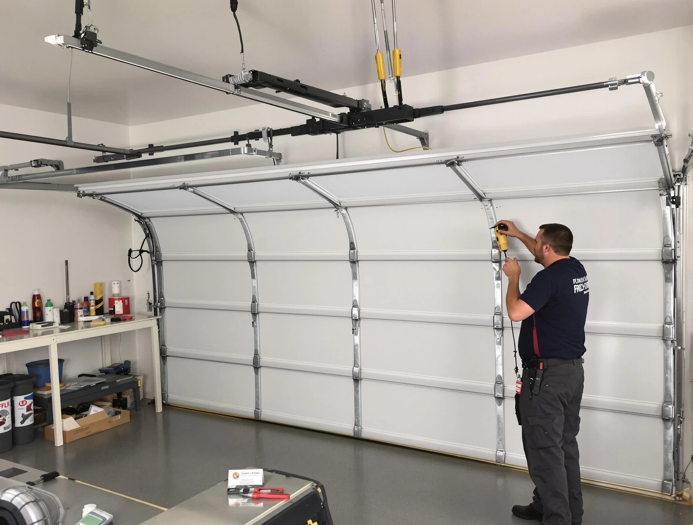 East Providence Garage Door Repair certified technician performing overhead door system repair in East Providence